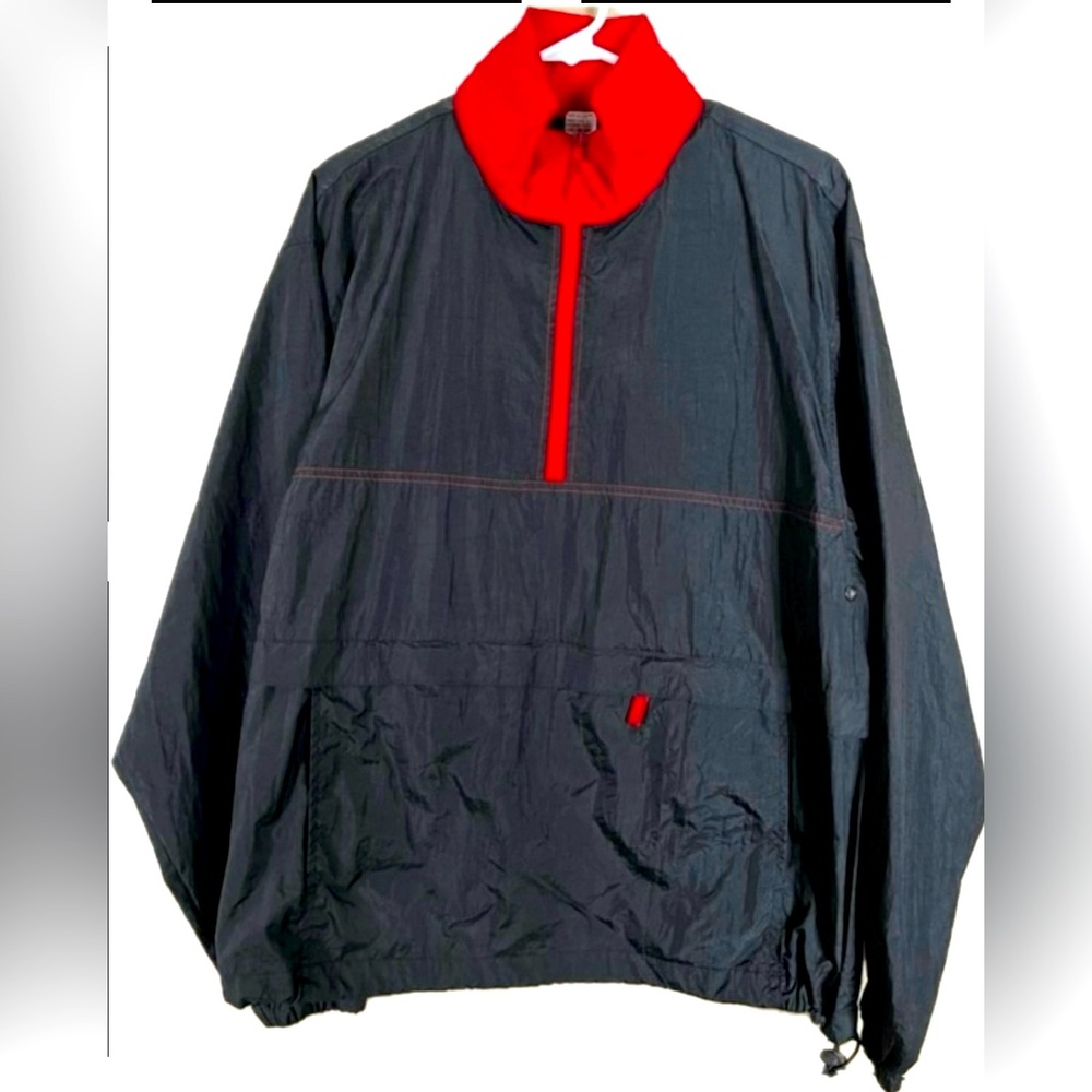 Vintage Black & Red windbreaker jacket with hood that rolls into collar. NWOT.